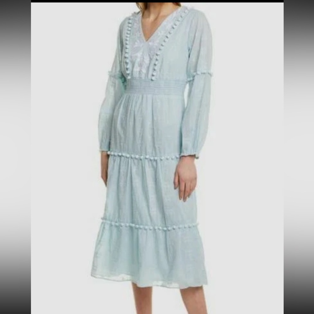 STS Sail to Sable Sky Blue Long Sleeve Pom Pom Cottagecore Midi Dress Size XS
